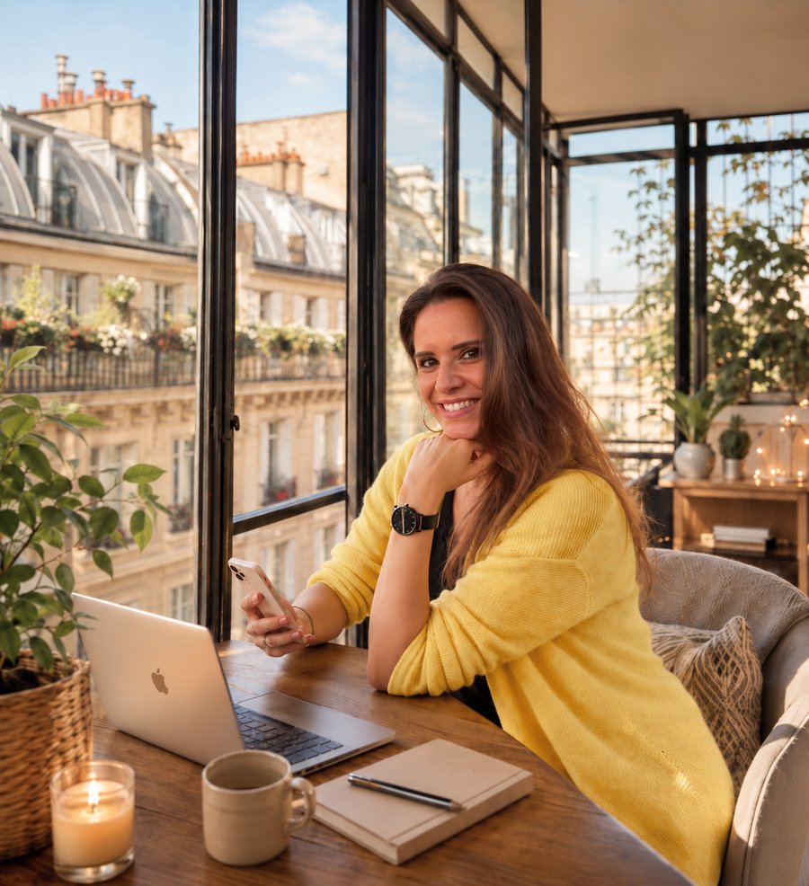 Julie à sa table, en visio, un carnet ouvert à côté d'elle